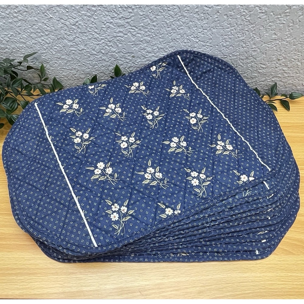 Vintage Quilted Blue Calico Floral Placemats Set of 10 Country Cottage Farmhouse